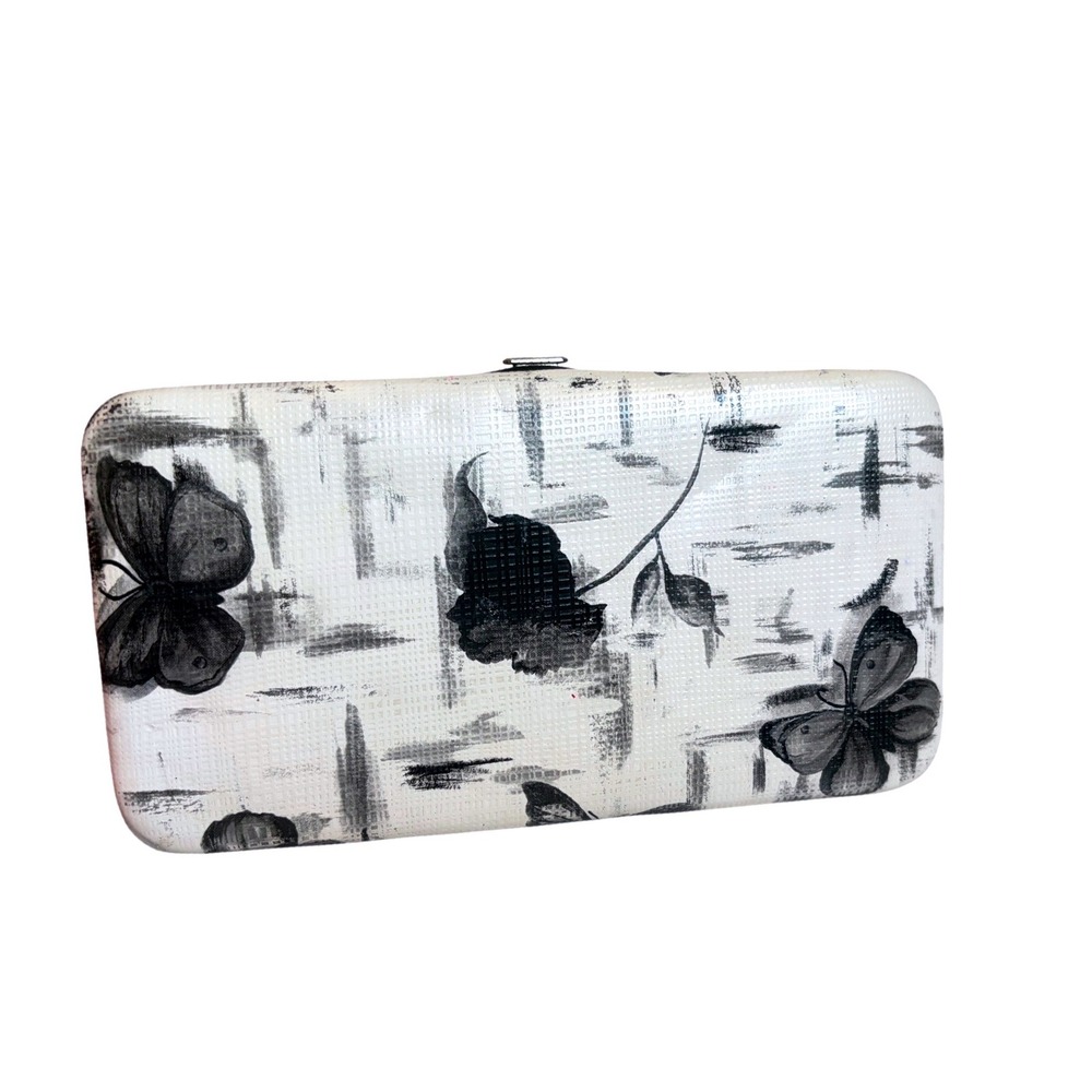Icing Black and White Butterfly Floral Hard Shell Accordion Clutch Wallet